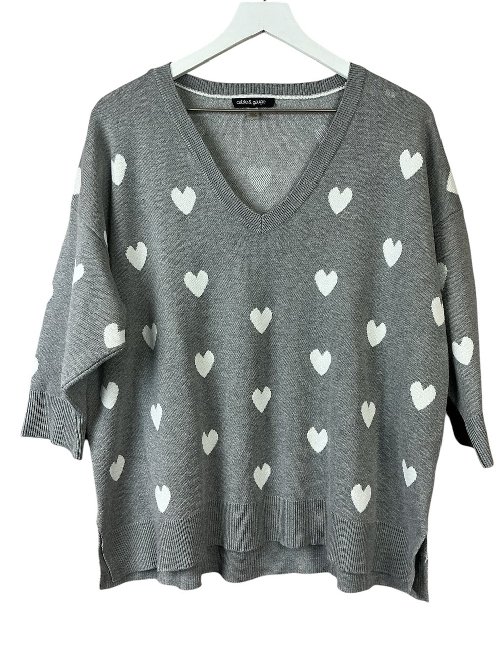 Cable & Gauge Gray Short Sleeve V Neck Heart Sweater Women Plus 2X